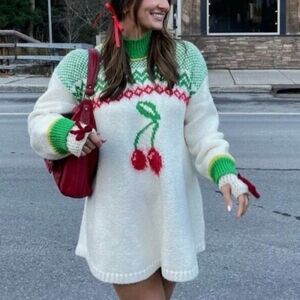 Free People Fair Isle Cherry Heart Sweater Dress DollCore Coquette Sz XS